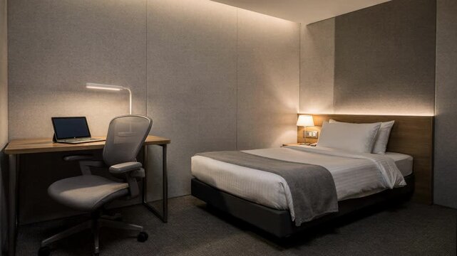 Focused shot of an airport lounge hotel bed and desk in a soundproof room illustrating a peaceful rest spot for passengers on overnight layovers and redeye flights.
