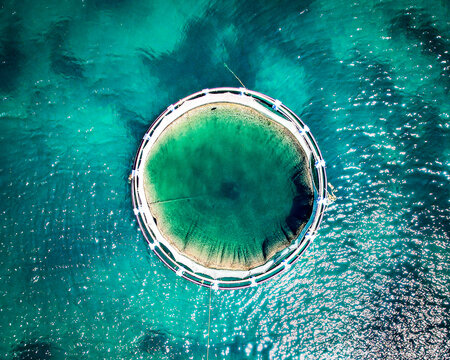 Aerial view of a circular fish farm, its net casting a deep shadow on the shimmering turquoise waters, Corse, Corse du sud, France.