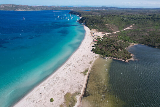 Aerial view of the Rizzanese River mouth meeting the turquoise sea, divided by a stretch of white sand, contrasting with the dense green forest, Corse, Corse du sud, France.