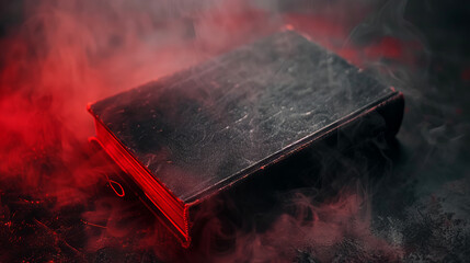 A cursed book rests on a surface, surrounded by dark smoke and shadowy tendrils. The scene takes place in a dark environment at night