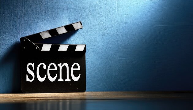 Movie clapperboard for film production on a wooden surface.