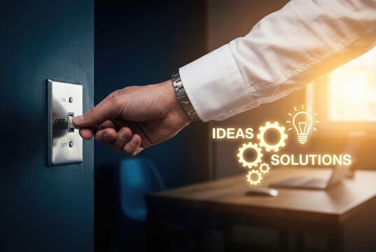 A hand flips a light switch, illuminating holographic icons of a lightbulb and gears with the words 'IDEAS' and 'SOLUTIONS'.
