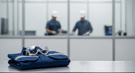Folded blue uniform with safety helmet on table with copy space