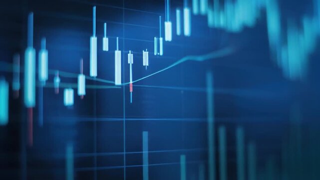 Financial chart depicting market trends. Lighted chart with bars and lines on a dark blue background
