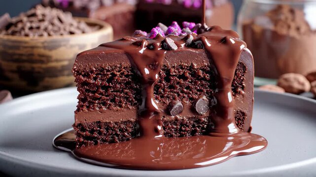 Decadent slice of chocolate cake with rich ganache drizzle and purple sprinkles