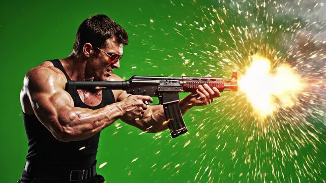 Muscular man in black tank top firing assault rifle with muzzle flash and smoke on green screen