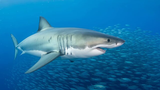 Great white shark approaches slowly with smooth body movement and dorsal fin gliding in open ocean near fish school.