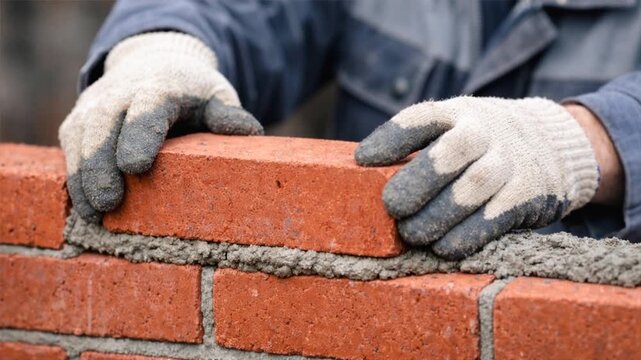Bricklayer lays bricks in a bed of mortar, building brickwork