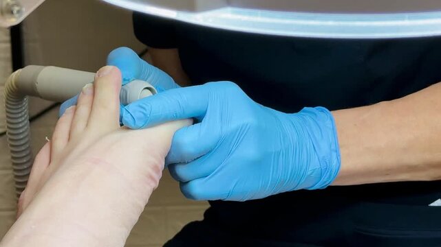 Close-up foot pedicure with electric file, podiatrist wearing blue gloves performs hardware debridement of thick fungal toenails in clinical salon, diabetic foot precautions observed, sterile.