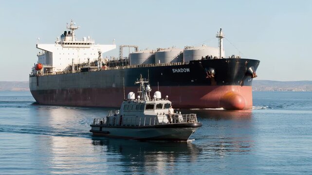 Patrol boat intercepting shadow fleet oil tanker in open sea. Panning shot of maritime security operation.