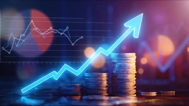 A glowing blue arrow points upwards over stacks of coins, financial charts in background