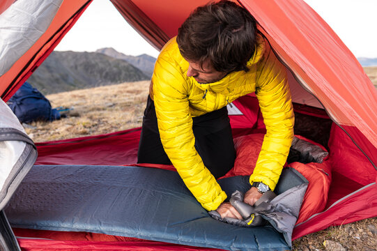 Technical close up of inflatable sleeping pad inflation system