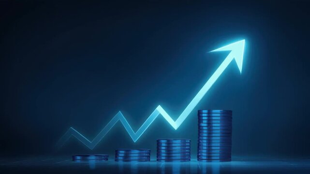A glowing upward arrow over stacked coins, representing growth and financial success, blue background