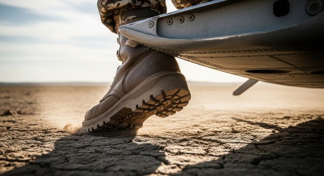 Soldier boot steps onto arid cracked earth from landing aircraft. Military boot descends creating dust cloud, representing soldier readiness and deployment.