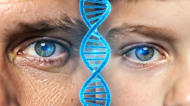 Genetic aging process comparison from young to old person. DNA helix splitting the faces with different skin conditions.