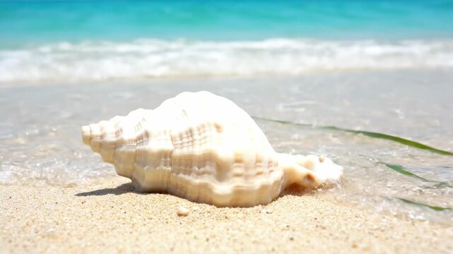 Conch shell laying on sand at tropical beach. Travel and vacation concept for seaside holiday or summer getaway.