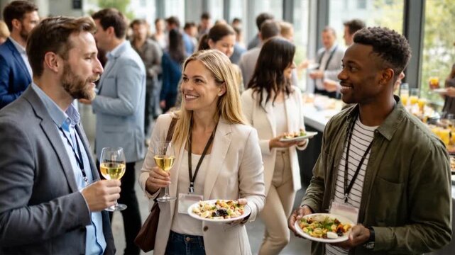 Business event crowd enjoying a buffet