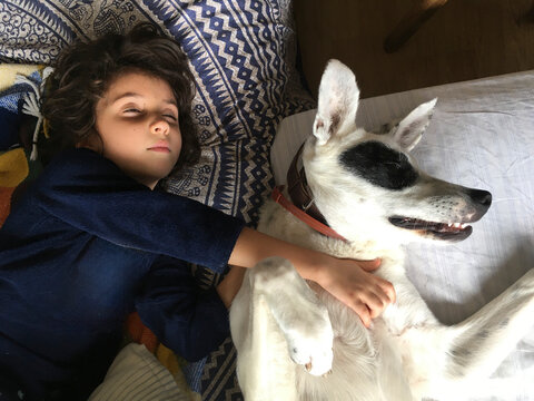 Kid lying bonding with dog. UGC