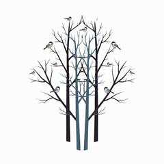 Obraz premium Elegant graphic illustration featuring symmetrical bare winter trees with small birds perched on branches, a serene and artistic nature design.