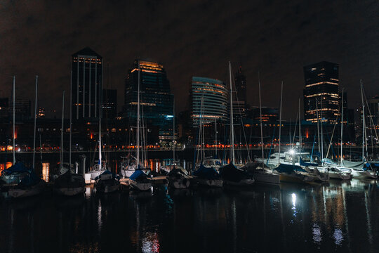 Night skyline and marina of Puerto Madero - Buenos Aires, Argentina 