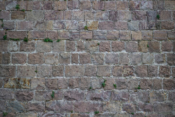Full photograph capturing an entire medieval castle wall, showcasing rugged stone texture and battlements under clear skies