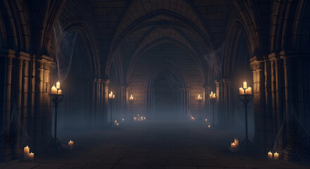 Obraz premium Mysterious Gothic Hallway with Candles and Cobwebs