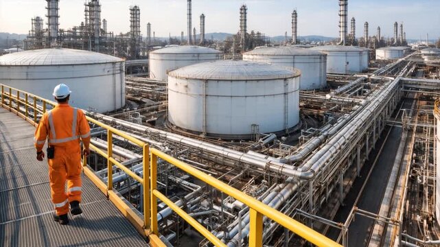 Refinery worker walks along an elevated platform at an industrial site