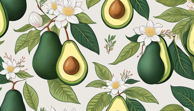 vintage seamless pattern avocado fruit trendy seamless pattern with avocado fruit background with hand drawn avocado flowers and leaves modern abstract design for paper cover fabric
