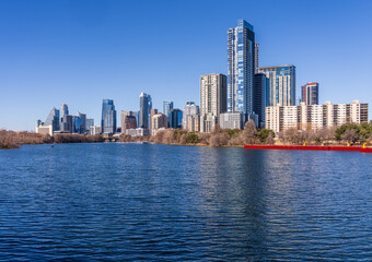 Obraz premium City skyline of downtown Austin Texas in 2026 from across Lady Bird Lake in the winter