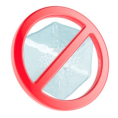 Ice cube with prohibition sign. 3D rendering