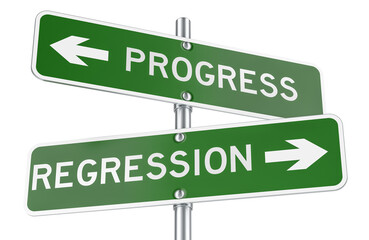 Progress and Regression green direction arrows, street signs. 3D rendering