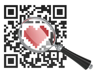 QR code with magnifying glass and pixel heart. Online dating and digital love concept, 3D rendering