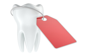 Tooth with blank red price tag. Dental cost and pricing concept, 3D rendering