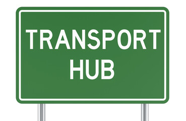 Transport hub, green road sign. 3D rendering
