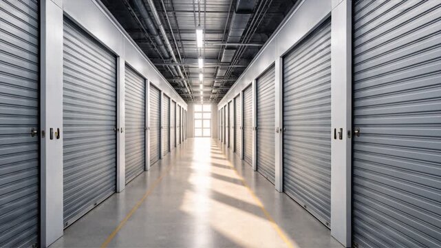 Empty storage hallway with metal roller doors