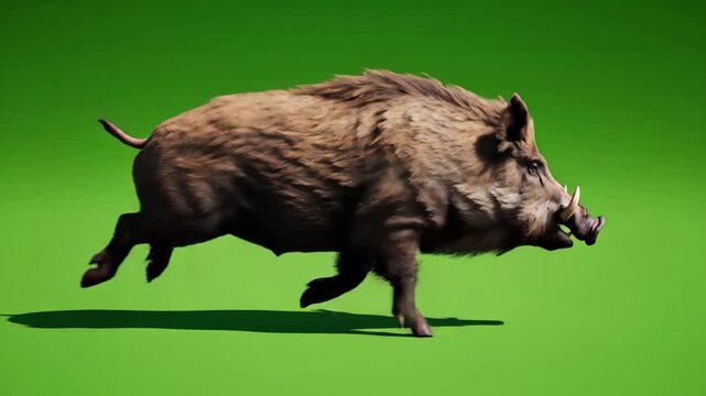 Running wild boar with tusks against green screen background