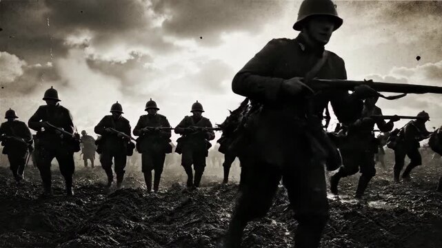 World war i soldiers advancing through muddy terrain under a dramatic, cloudy sky in a vintage black and white photograph