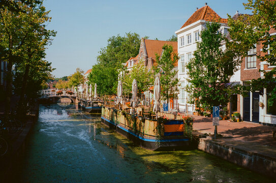 Canal in Delft town in Netherlands 