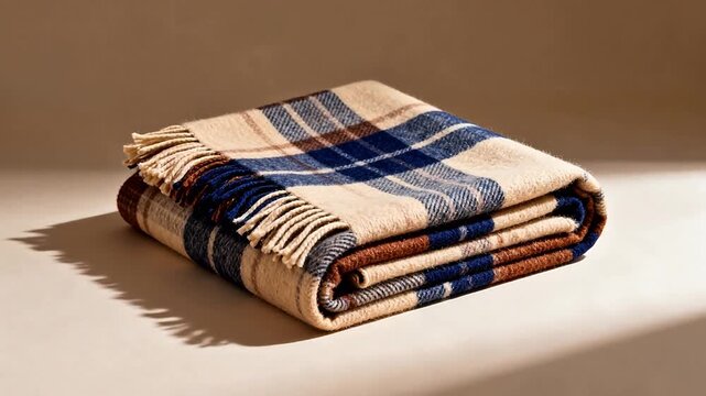 Folded plaid blanket with fringe