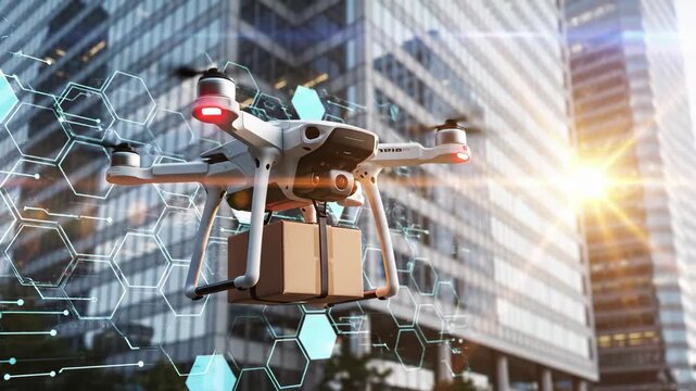 Delivery drone carrying a package flying in front of modern city skyscrapers with digital interface overlay