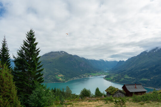 Picturesque village in Norway on the background of the fjord 