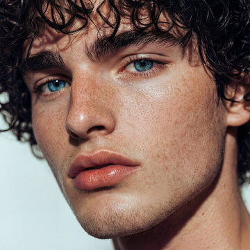 Jeune mod&egrave;le homme aux cheveux boucl&eacute;s noir et barbe naissante regardant la cam&eacute;ra, la bouche l&eacute;g&egrave;rement ouverte, taches de rousseur, mal ras&eacute;, yeux bleus, regard per&ccedil;ant, en gros plan