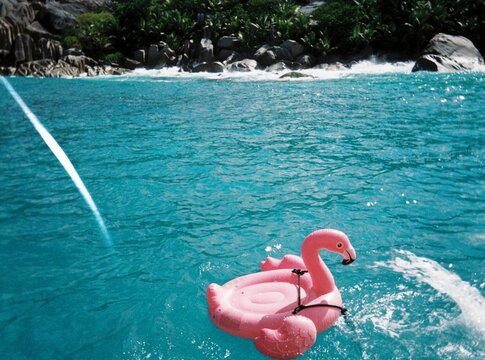 Pink Flamingo Inflatable Floating in Turquoise Sea