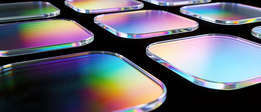 虹彩に輝く浮遊ガラスプレートの抽象構成