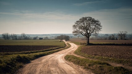 Rural road through fields with lonely tree