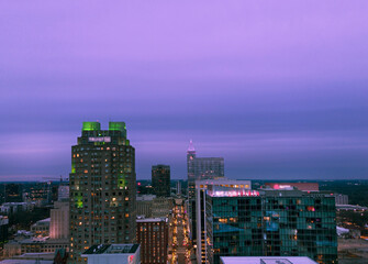 Aerial view of the downtown Raleigh , North Carolina skyline at night