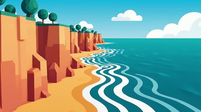 Stylized ocean coastline with sandy beach, cliffs, trees, and swirling waves