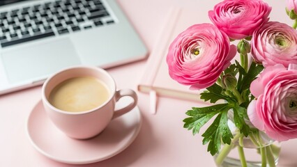Pink desk with coffee cup and ranunculus flowers
