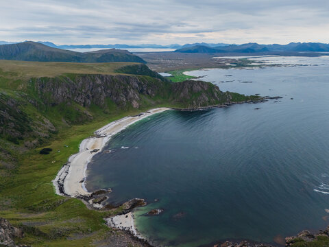 High angle view of pristine white sand beach on Lofoten islands 