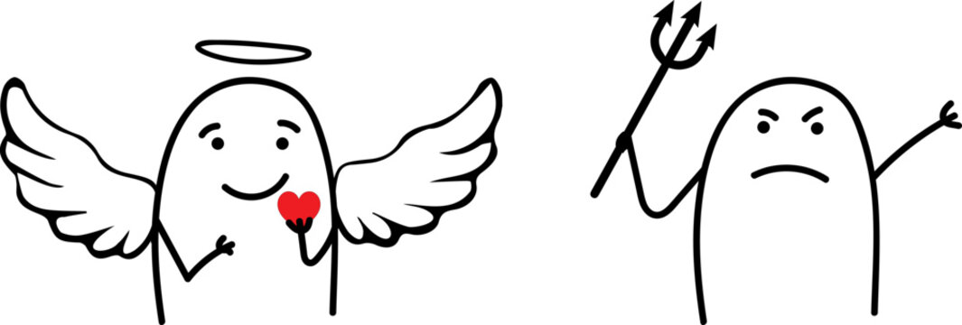 Two minimalist doodle characters: a cute angel holding a heart and a funny evil devil with trident